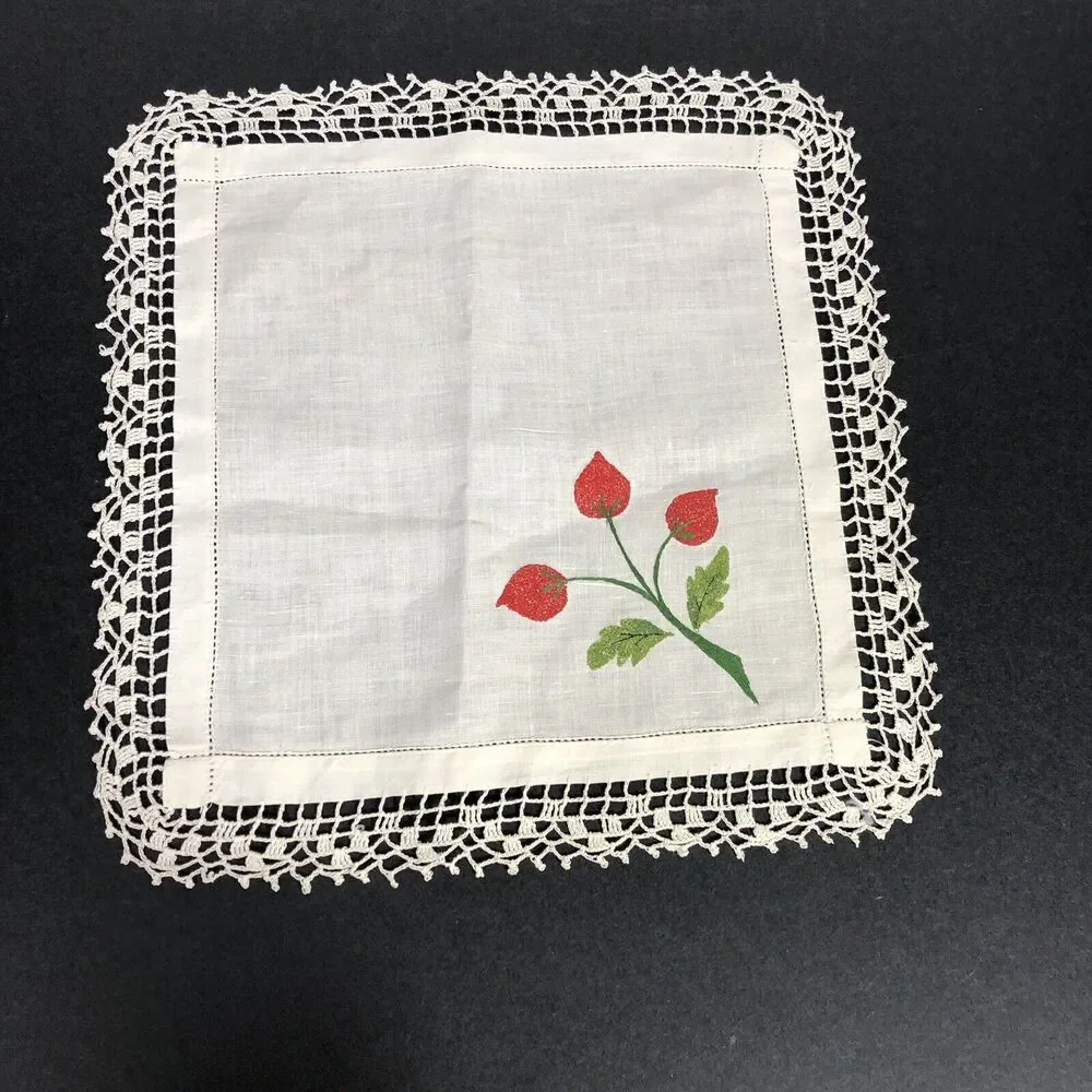 Vintage Small Table Topper Linens Square Purple Grapes Red Flowers Crochet Edge